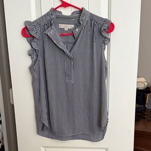 LOFT Women's Striped Navy White Crepe Top Ruffle Sleeves